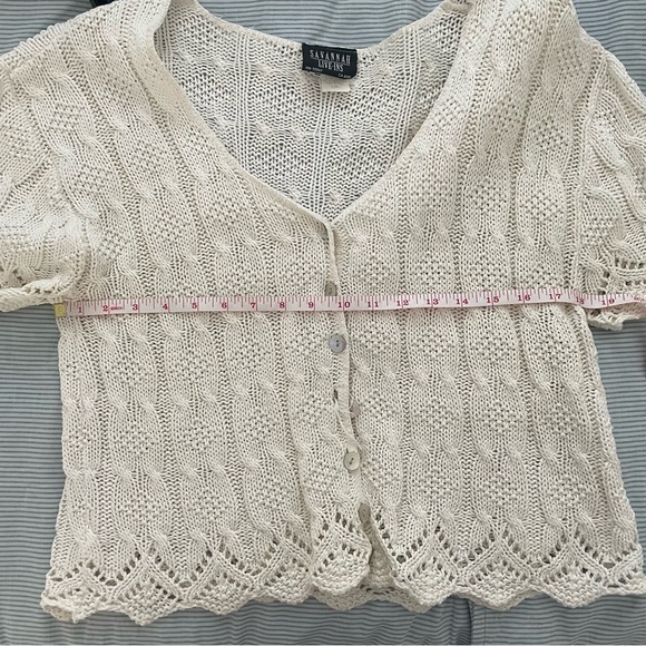 Vintage Knit Crop Short-Sleeve Cardigan, White Cotton Crochet Summer Top - Picture 5 of 8